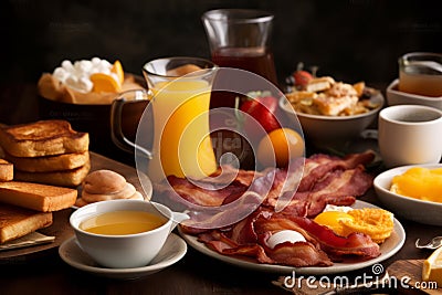 A delicious home-style breakfast with crispy bacon, eggs, pancakes, toast, coffee, and orange juice AI generated Stock Photo