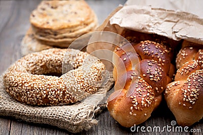 Delicious homemade bagel on a wooden table Stock Photo
