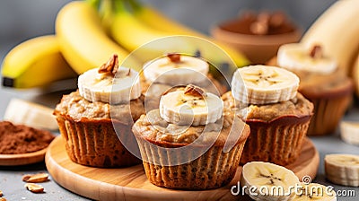 delicious homemade banana muffins easy recipe concept on blurred kitchen background Stock Photo