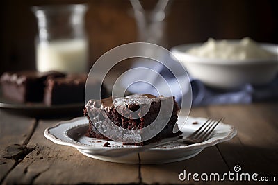 Delicious homemade chocolate brownie isolated on dark background. AI generated. Selective focus Stock Photo