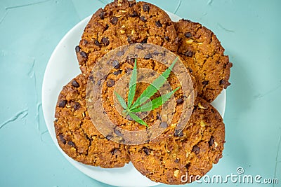 Delicious homemade Chocolate chip Cookies with CBD cannabis and Stock Photo