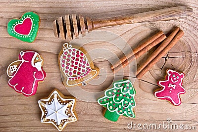 Delicious homemade Christmas gingerbread cookies on wood Stock Photo