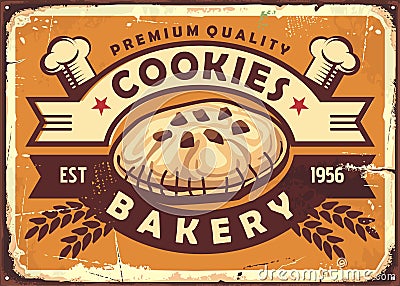 Delicious homemade cookies retro tin sign design with chocolate cookie Vector Illustration
