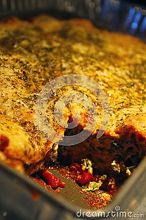 Delicious Homemade Lasagna Still in Pan Stock Photo