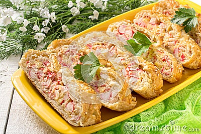 Delicious homemade pie with cheese and surimi Stock Photo