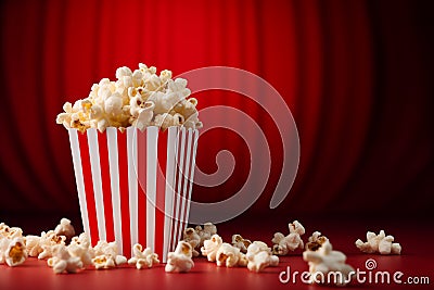 Delicious homemade popcorn in striped bucket cup in cinema red background Stock Photo