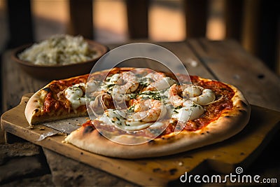 Delicious homemade whole shrimp pizza on a rustic wooden table. AI generated. Selective focus Stock Photo