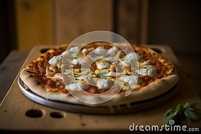 Delicious homemade whole shrimp pizza on a rustic wooden table. AI generated. Selective focus Stock Photo