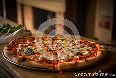 Delicious homemade whole shrimp pizza on a rustic wooden table. AI generated. Selective focus Stock Photo