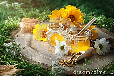 Delicious honey and fresh pollen of flowers on a wooden table. Selective focus. Stock Photo