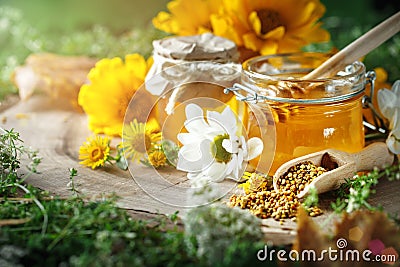 Delicious honey and fresh pollen of flowers on a wooden table. Selective focus. Stock Photo