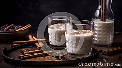 Delicious Horchata with cinnamon in the top. Rice water. Valencian Horchata made with rice, milk and cinnamon topping. Generative Stock Photo