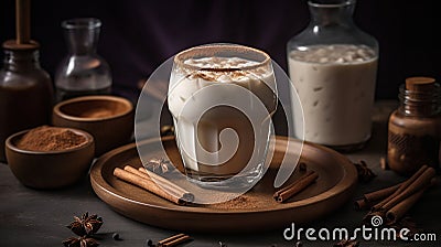 Delicious Horchata with cinnamon in the top. Rice water. Valencian Horchata made with rice, milk and cinnamon topping. Generative Stock Photo