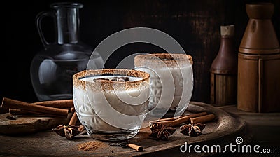 Delicious Horchata with cinnamon in the top. Valencian Horchata made with rice, milk and cinnamon topping. Generative ai Stock Photo