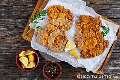 Delicious hot golden brown Wiener schnitzel Stock Photo