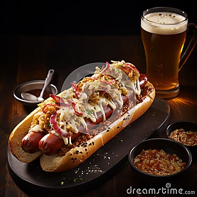 Delicious Hotdog With Mayo, Mustard, Beer, Onions, And Relish Stock Photo