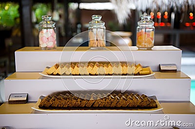Delicious hotel restaurant allinclusive buffet with tasty food. Baking on plates Stock Photo