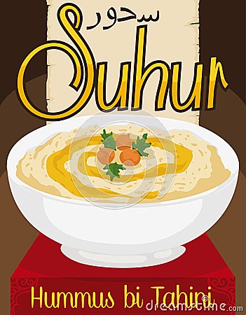 Delicious Hummus bi Tahini with Olive Oil for Ramadan`s Suhur, Vector Illustration Vector Illustration