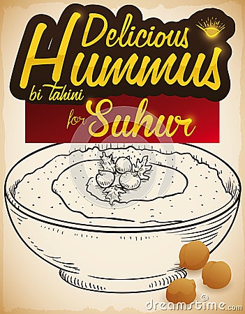 Delicious Hummus Dish and Chickpeas for Suhur Breakfast During Ramadan, Vector Illustration Vector Illustration