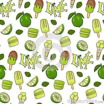 Delicious ice cream and lime color seamless vector handdrawn pattern. Vector Illustration