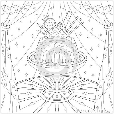 Delicious ice cream pudding with strawberry on fancy glass. Learning and education coloring page Vector Illustration