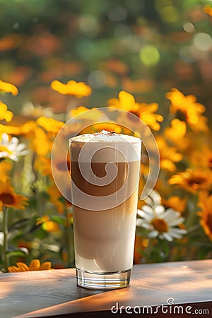 Delicious Iced Coffee with Beautiful Garden Background for Perfect Morning Refreshment and Enjoyment in Summer, Refreshing Stock Photo