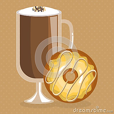 delicious iced coffee cup and donuts Cartoon Illustration