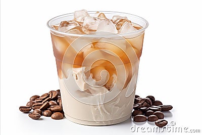 Delicious iced coffee in a plastic cup with coffee seeds, isolated on white background Stock Photo