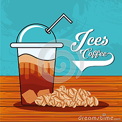 Delicious iced coffee with straw in wooden table Vector Illustration