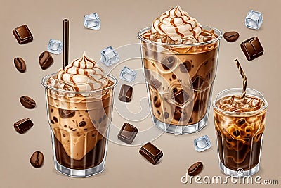 delicious iced latte coffee drink in glasses with ice cubes Stock Photo