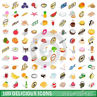 100 delicious icons set, isometric 3d style Cartoon Illustration