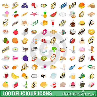 100 delicious icons set, isometric 3d style Vector Illustration