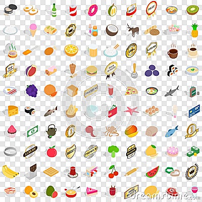 100 delicious icons set, isometric 3d style Vector Illustration