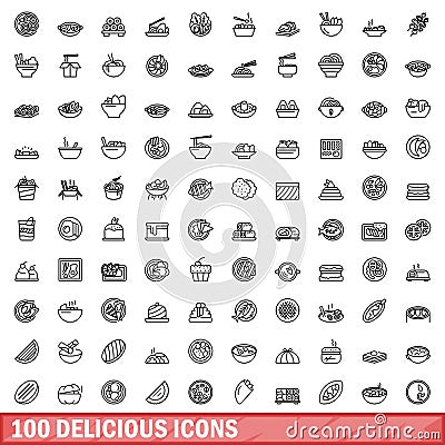 100 delicious icons set, outline style Vector Illustration