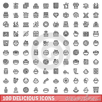 100 delicious icons set, outline style Cartoon Illustration