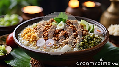 delicious indonesian food of bubur ayam serving with traditional side dishes. Stock Photo