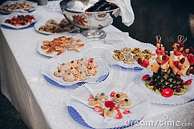 Delicious italian appetizers on table at wedding reception outdoors. Caviar, seafood, canapes, champagne, fruits on table at Stock Photo