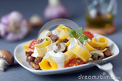 Delicious Italian cuisine of pappardelle noodles Stock Photo