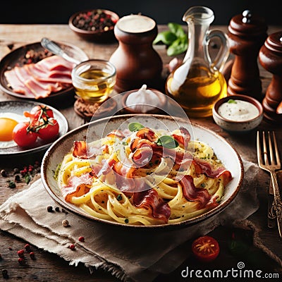 delicious italian fettuccine carbonara Stock Photo