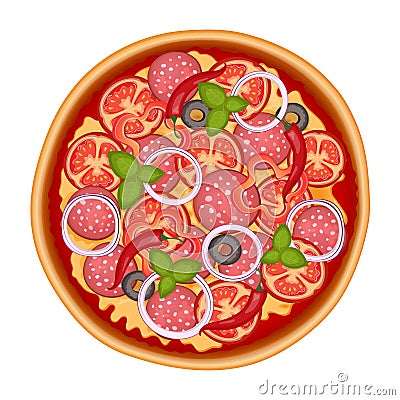 Delicious italian pizza icon with salami isolated on white Vector Illustration