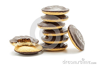 Delicious Jaffa Cakes. Cookies covered with dark chocolate Stock Photo