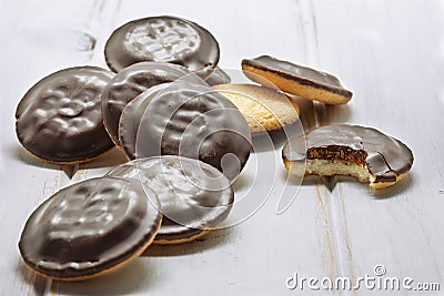 Delicious Jaffa Cakes. Cookies covered with dark chocolate Stock Photo
