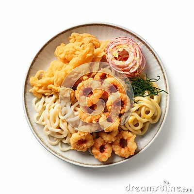 Delicious Japanese Udon Noodles with Crispy Tempura on a Plate. Stock Photo