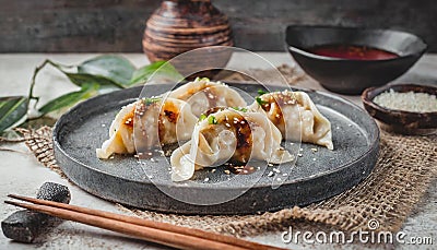 Delicious jiaozi or gyoza traditional asian dumplings Stock Photo