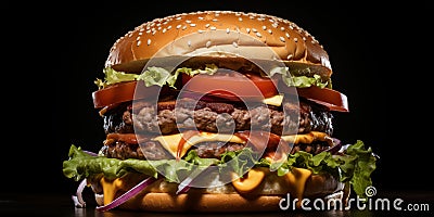 Delicious juicy burger with meat beef cutlets, cheese, greens, and sesame seed buns. Fast food. AI generated Stock Photo