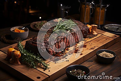 Delicious Juicy Steak Grilled to Perfection on a Rustic Wooden Cutting Board Stock Photo