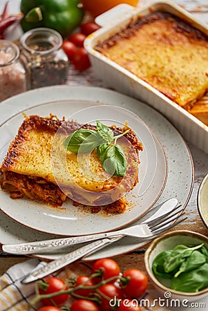 Delicious lasagne bolognese with pepper, tomato and cheese Stock Photo