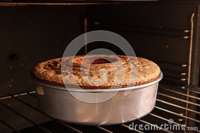 Delicious lemon cake coming out of the oven, round shape, dark background Stock Photo