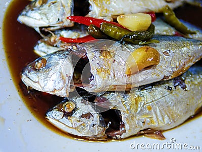 The delicious mae klong mackerels with sweet sauce in Thai style Stock Photo