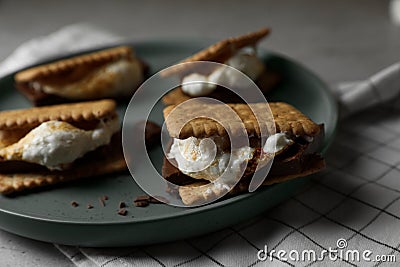 Delicious marshmallow sandwiches with crackers and chocolate on plate, closeup Stock Photo